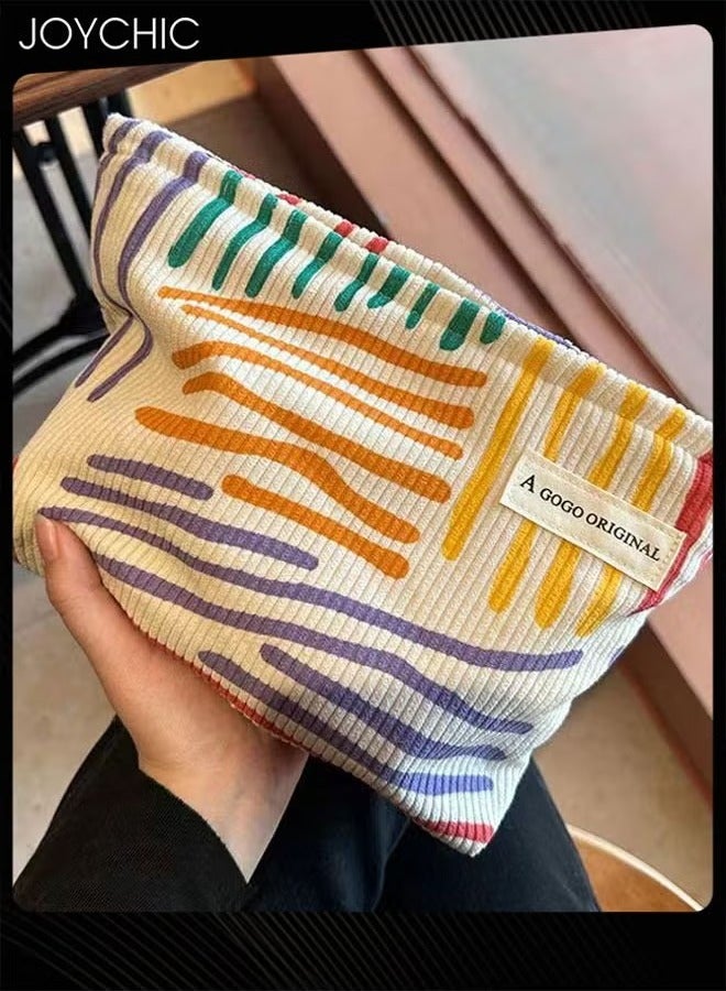 Color Stripes-corduroy Ladies Makeup Bag Travel Portable Cosmetic Bags for Women and Girls Large Capacity Canvas Makeup Bag Skincare Bag Organizer