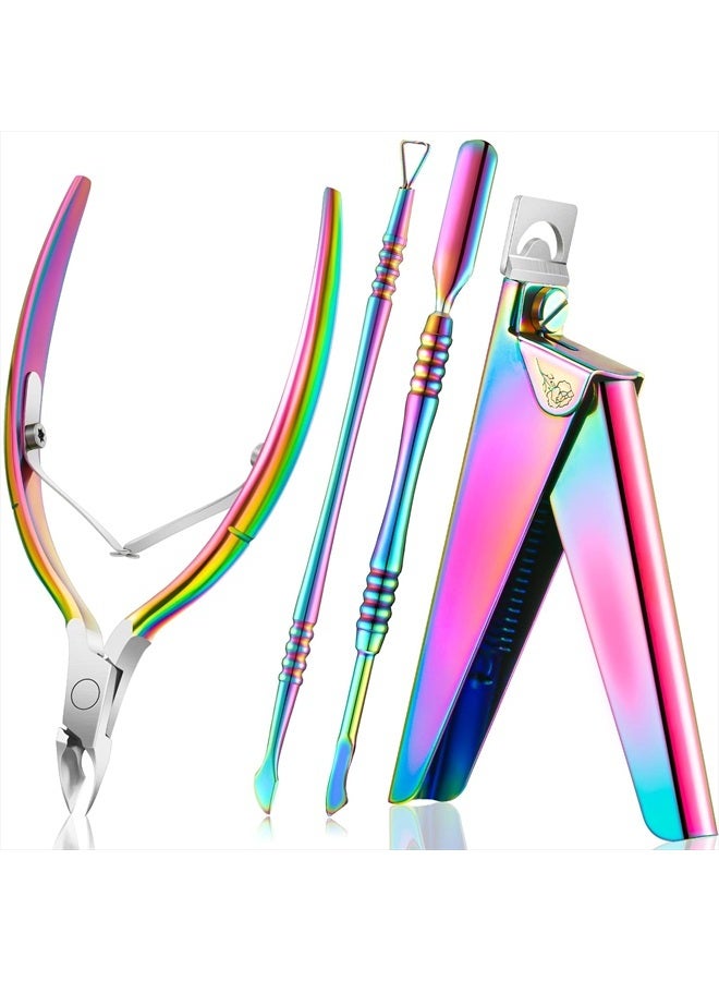 Acrylic Nail Clippers Kit False Nails Tips Cutter Professional Cuticle Trimmer Nipper Cutter Pusher Remover Stainless Steel Manicure Pedicure Art Tools Set Salon Home(Rainbow Color)