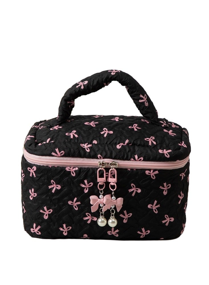 Charming Black Pink Bowknot Cosmetic Bag, Portable Makeup Organizer with Pearl Decorations for Women, large, 23*16*16cm