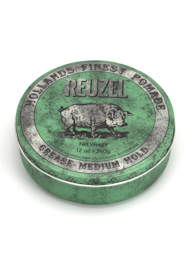 REUZEL Green Grease Pomade, Medium All Day Hold, Oil-Based Styling Wax, Medium Shine, Easy To Wash Out, For All Hair Types