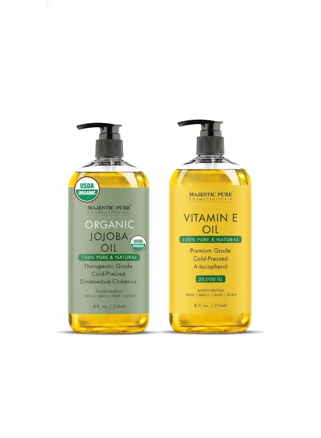 Pack of 2 Organic Jojoba Oil 236 ML Large,100% Pure Jojoba Oil Organic for Skin, Hair, Scalp, Nails, Face and Vitamin E Oil - 236 ml, 100% Pure and Natural Cold Pressed