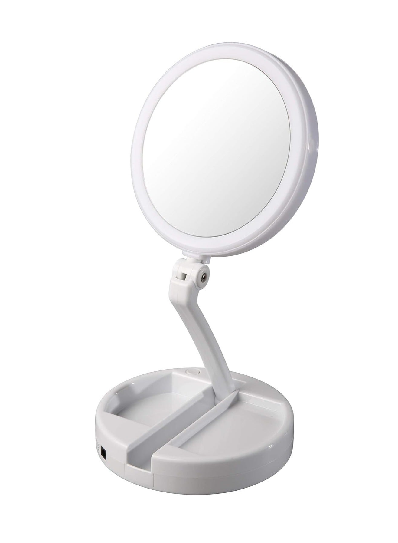 Folding Makeup Mirror with Storage Box & LED Lights – White, Portable Vanity Mirror with Organizer