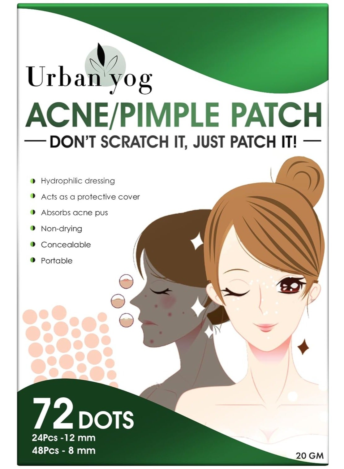 Urbanyog Acne Pimple Patch - Invisible Facial Stickers cover with 100% Hydrocolloid, Pimple Patches for Face (72 Dots)