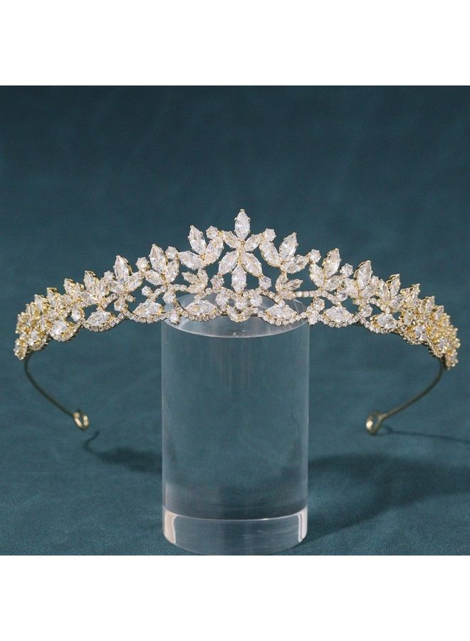 Gold CZ Wedding Tiaras for Brides Floral Princess Crowns for Women Cubic Zirconia Bridal Headband Sweet 16 Crown Birthday Hair Accessories