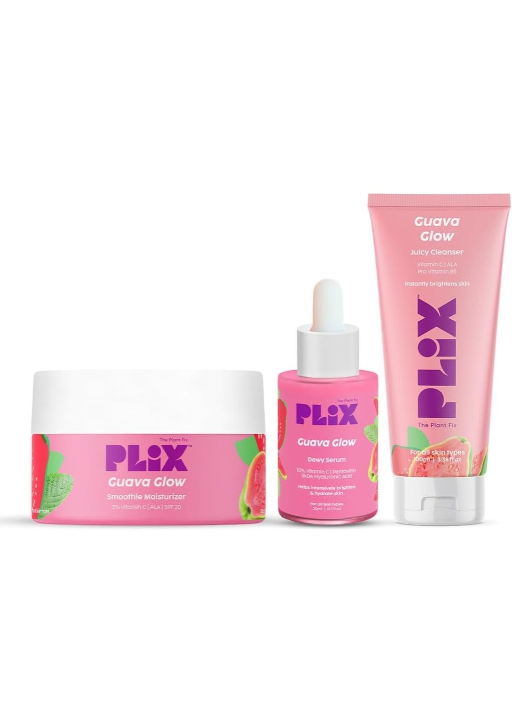 Guava Powered Regime for Glowy Skin Hydrating Cleanser 10% Vitamin C Dewy Serum Smoothie Moisturizer Promotes Hydration & Brightening Glowing in 1 Use