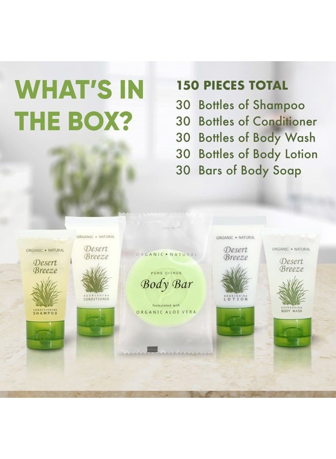 Desert Breeze Hotel Soaps & Toiletries Bulk Set | 1-Shoppe Amenities Kit | 1oz Shampoo & Conditioner, Body Wash, Lotion, Bar Soap | Travel Size | 150 Pieces