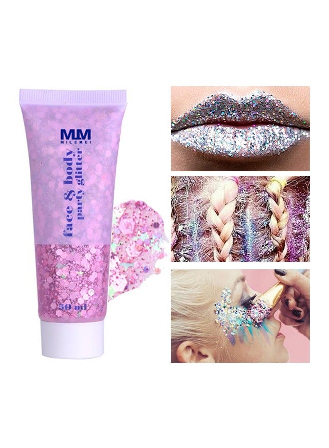 Face & Body Party Glitter，Body Glitter Mermaid Sequins Liquid Holographic Gel Chunky Face Eye Lip Hair Nail Festival Makeup Sparkling for Women #03 Pink