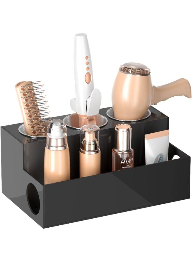 Hair Tools Organizer, Acrylic Hair Dryer Holder Countertop Blow Dryer Stand Storage For Vanity Bathroom With 3 Cups -Black
