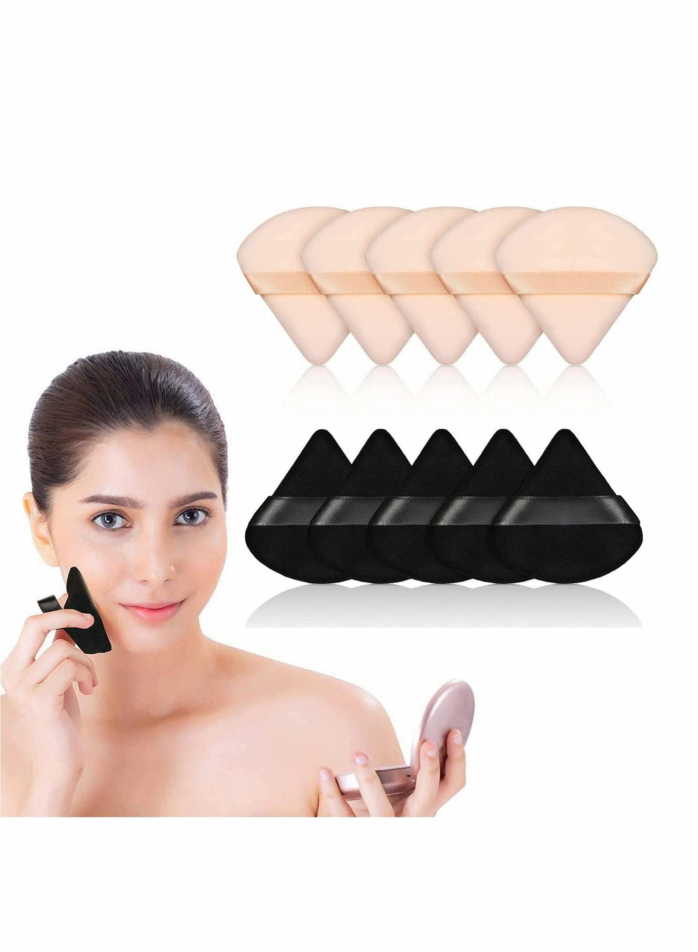 Pure Powder Puff Face Triangle Soft Makeup Powder Puff for Loose Powder Mineral Powder Body Powder Makeup Tool with Strap for Contouring Under Eyes and Corners (Black and Nude Color - 10 Pcs)