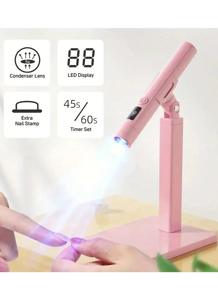 Pink LED Nail Lamp with 360° Rotation and Extra Nail Stamp - USB Powered, 45s/60s Timer Set, and Condenser Lens for Perfect Manicures