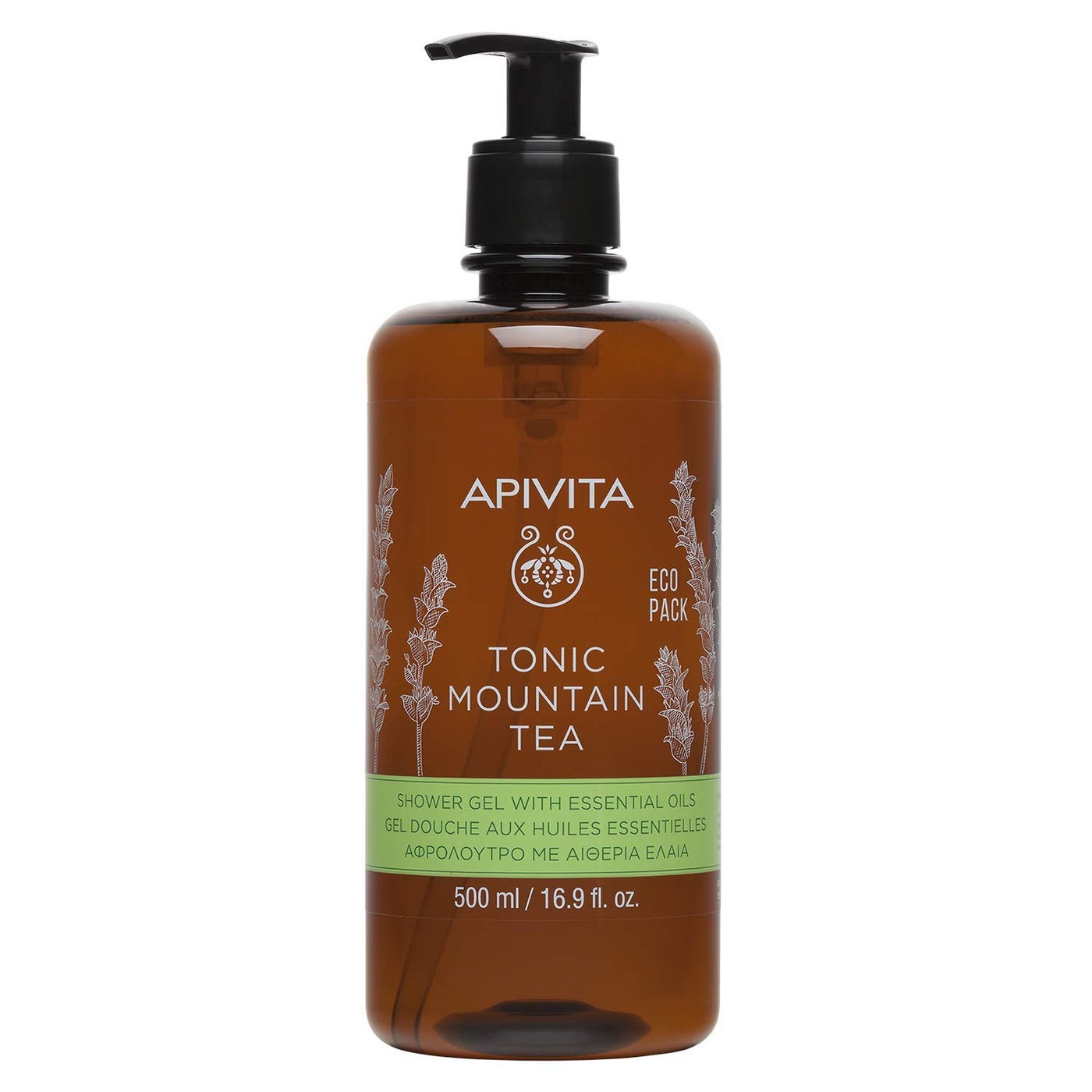 Apivita Tonic Mountain Tea Shower Gel | Gently Cleanses, Revitalizes & Preserves Moisture with Mountain Tea, Propolis & Essential Oils, 500 mL / 16.9 oz