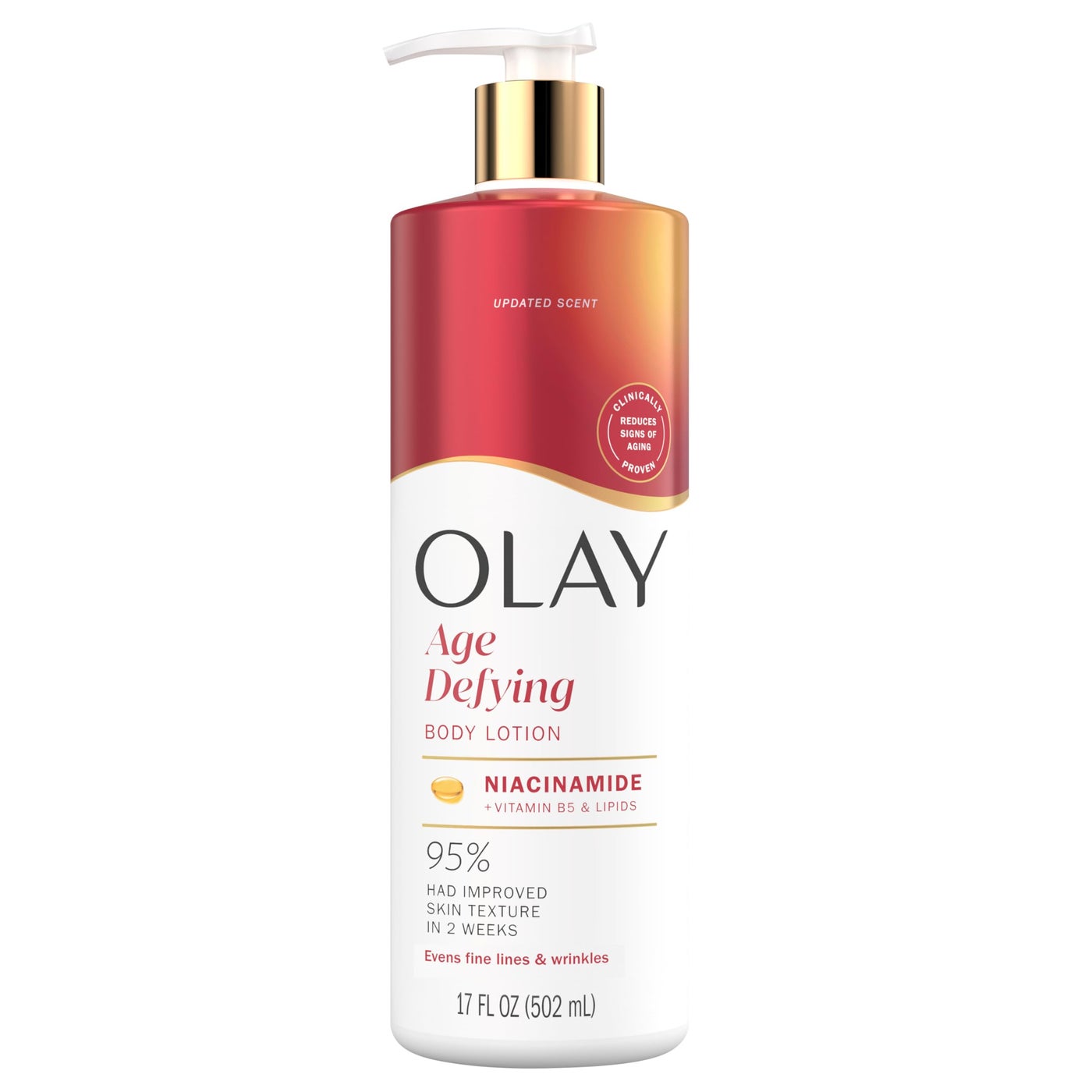 Olay Body Lotion for Women, Age Defying with Niacinamide Serum, Visibly Reduce Signs of Skin Aging, 24hr Moisture & Hydration, Fast Absorbing Formula, Vitamin B3 Complex, For All Skin Types, 17 fl oz - Packaging May Vary