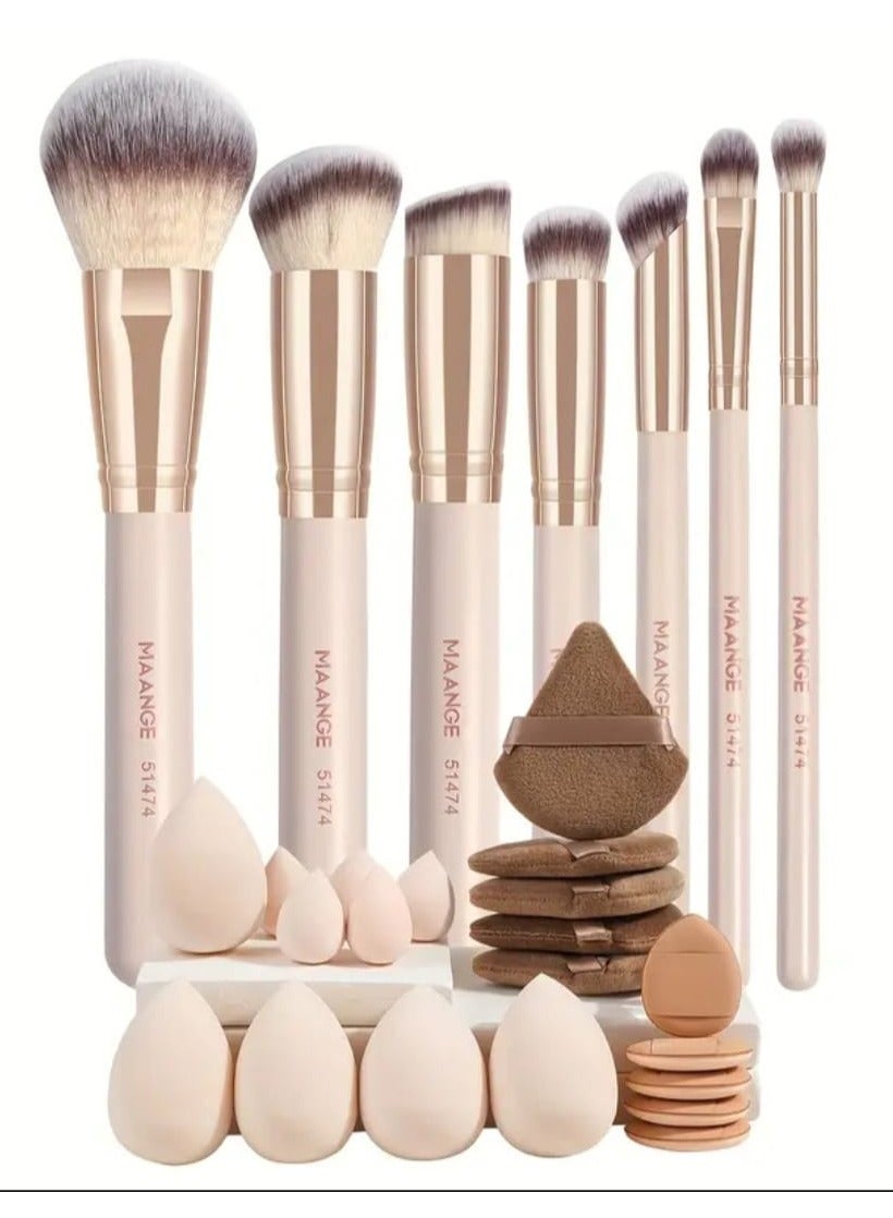 27 Pcs Makeup Brush Tool Set, 7 Pcs of Makeup Brush, 20 Pcs of Powder Puff accessories, Foundation Makeup Brush, Powder Blusher Brush, Basic Makeup Brush Set, Travel Makeup Brush