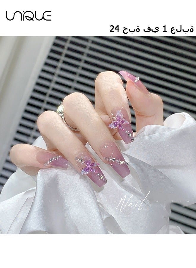 24 Pcs Fake Nails - Mid-length Ballet Manicure - Diamond-encrusted Purple Manicure - Gradient Butterfly Manicure - Fake Nail Patch