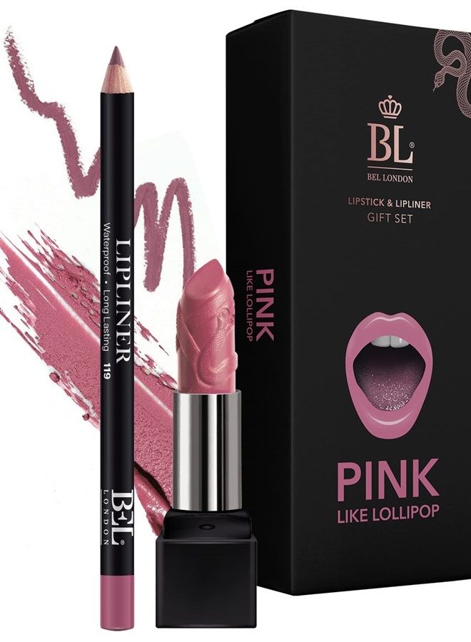 Color Matched Lip Liner & Lipstick Set (Pink) - Full-Coverage Argan Long Lasting Lipstick and Lip Liner Set With Natural Oils for Nourishment, Hydration, & Protection - Chemical-Free
