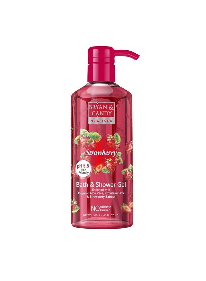 BRYAN & CANDY Strawberry Bath And Shower Gel Enriched With Organic Aloe Vera, Pro Vitamin B5, Strawberry Extract, Skin Friendly Ph 5.5, All Skin Types,(Pack Of 1) () 500 Ml
