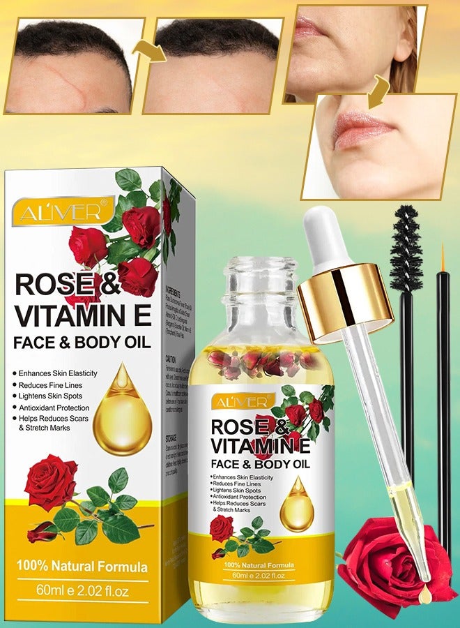 60ml Rose & Vitamin E Face & Body Oil 100% Natural Organic Rose Face Body Oil Reduce Fine Lines Lighten Skin Spots Antioxidant Reduce Scars & Stretch Marks Nourish Skin & Anti Aging