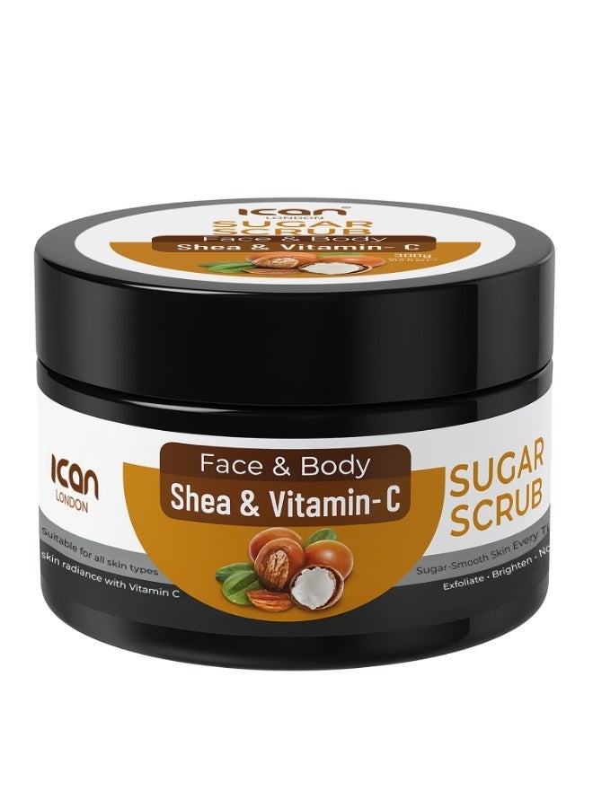 ICAN London Shea & Vitamin-C Sugar Scrub 300g | Face & Body Exfoliating Scrub for Brightening, Smooth & Radiant Skin