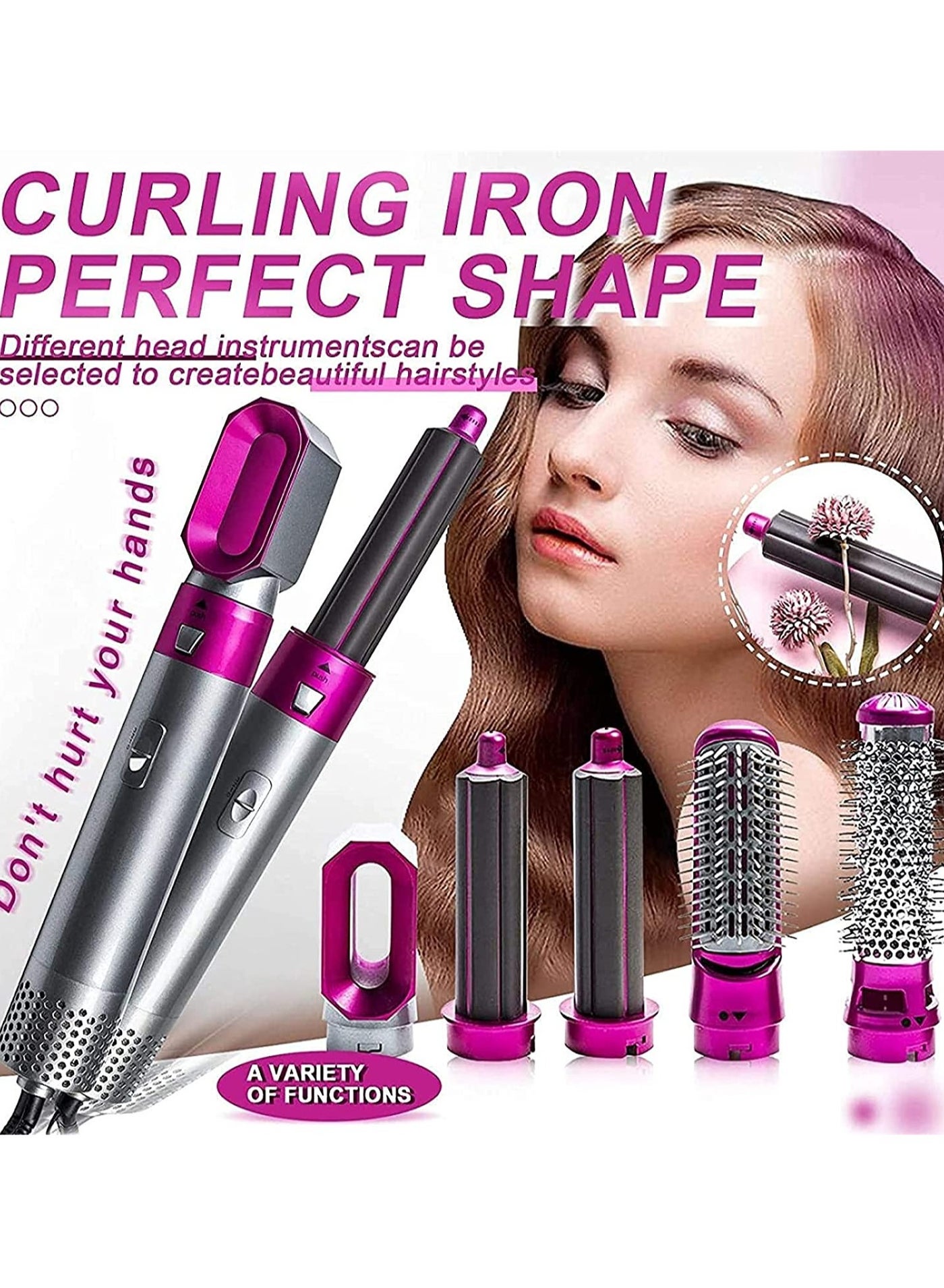 5 in 1 Hot Air Styler Electric Blow Dryer Comb Curling Wand Detachable Negative Ion Straightener Hair Brush