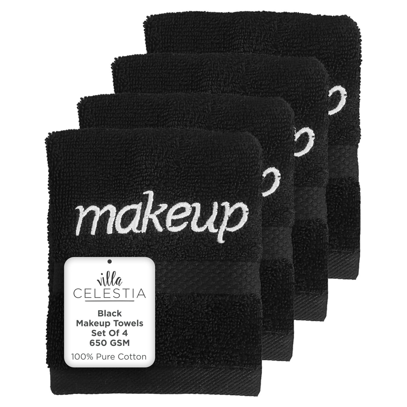 Villa Celestia Black Makeup Remover Towels Set of 4, 100% Soft Cotton Reusable Luxury 4 Pcs Makeup Wipes for Face, Ideal for Salon, Bath, Hotel, Spa, Washcloths for Face Pack of 4 (12"X12")