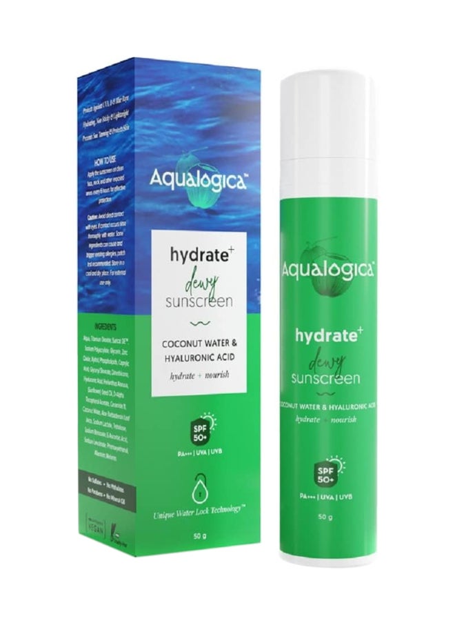 Hydrate+ Dewy Sunscreen SPF 50 PA+++ 50g | UVA/B And Blue Light Protection for Men And Women | For Oily, Combination And Dry Skin | Fragrance-Free