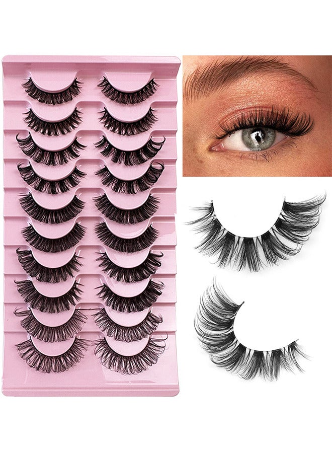 Natural False Eyelashes Mink Lashes Wispy Cat Eye Lashes Reusable Self-Adhesive Eyelashes Fluffy Pack 3D Strip Short Volume Fake Eyelashes 10 Pairs