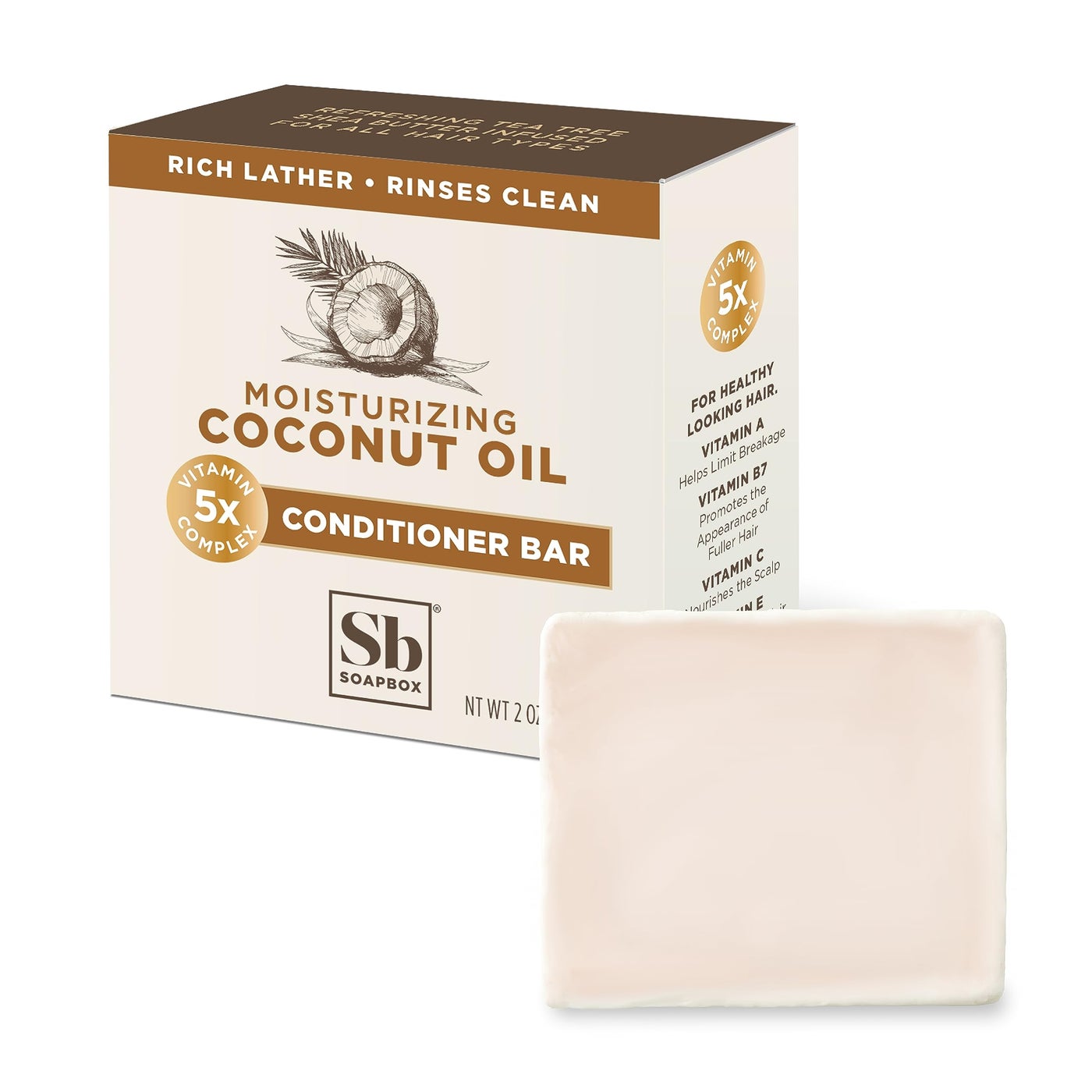 Soapbox Hair Conditioner Bar with Coconut Oil to Moisturize and Nourish Dry Damaged Hair - 2oz Solid Conditioner, Low Plastic, Vegan, Harsh Sulfate Free, Paraben Free