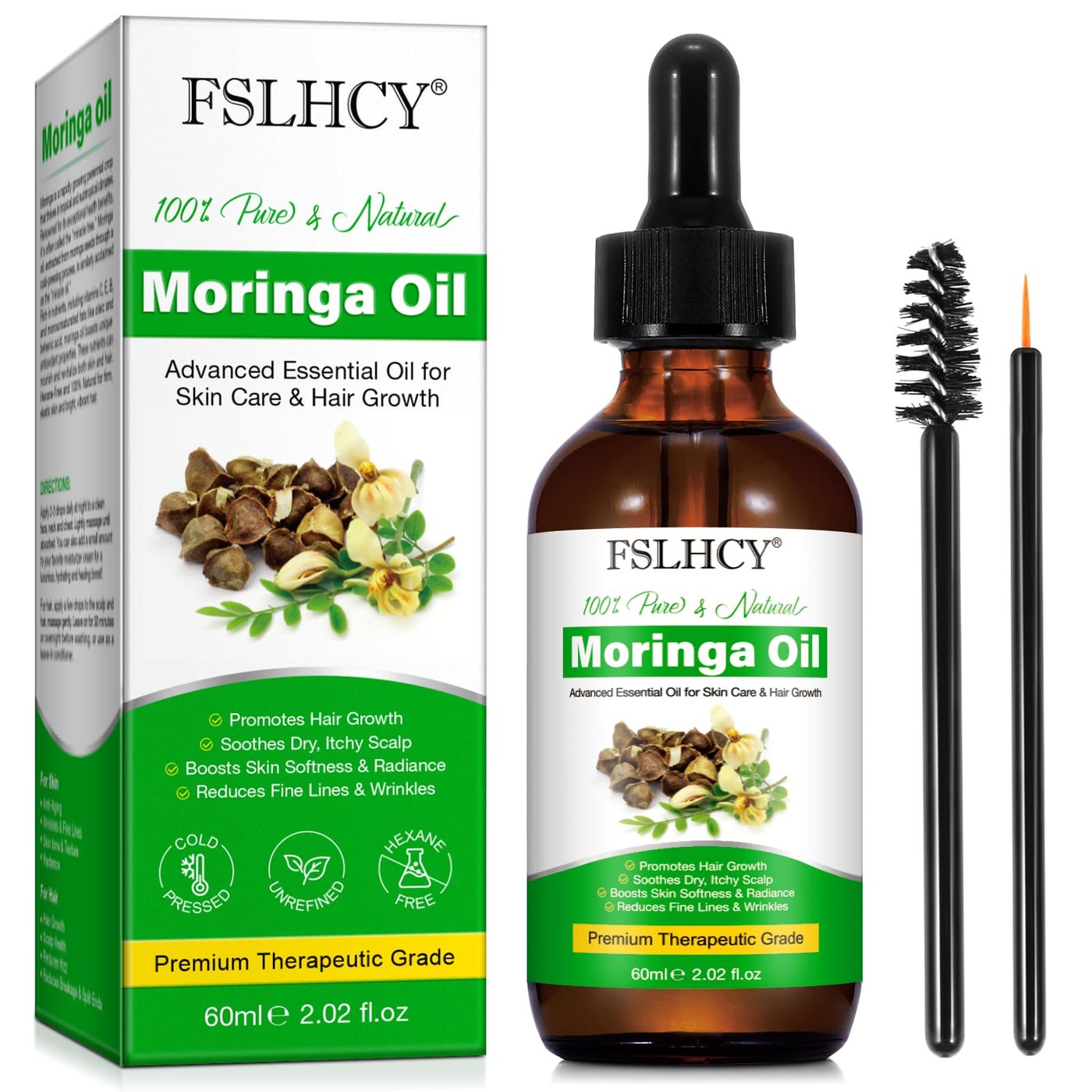 FSLHCY Moringa Oil Pure, Face & Hair Growth & Moisturizer & Massage Oil, Natural Cold Pressed, Reduces Fine Lines, Antioxidant & Anti-ageing (60ML)