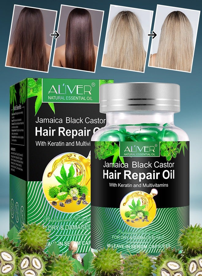 40 Pcs Jamaica Black Castor Hair Repair Oil Capsules Organic Jamaican Black Castor Oil with Keratin & Multivitamins Hair Repair Oil Shines Nourishing Repair Dry & Damaged Hair Treatment Leave-In Serum