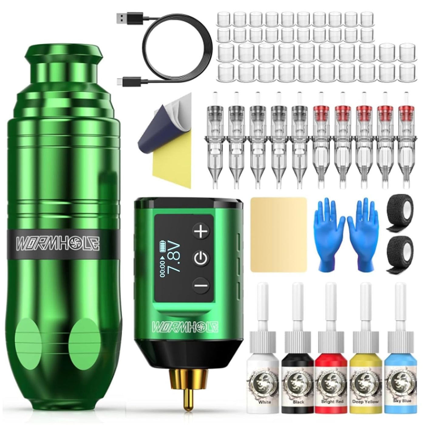 Wormhole Wireless Tattoo Practice Machine Kit Tattoo Pen Kit Complete Tattoo Kit Rechargeable Cordless Tattoo Power Supply Portable 1500mAh with LED Digital Display for Tattooist WTK261