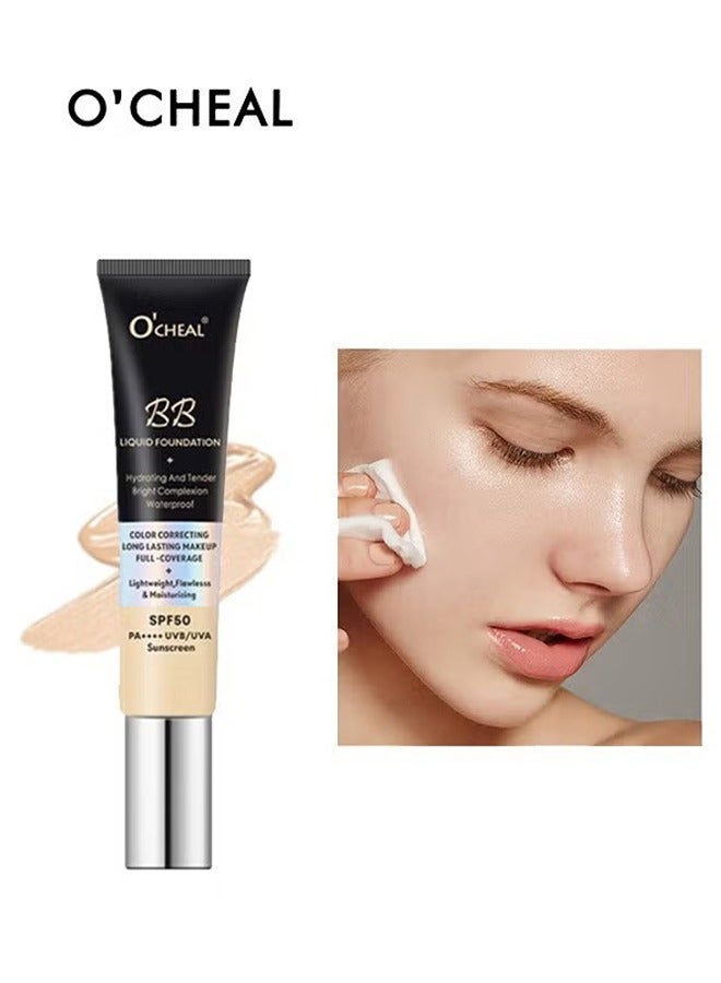 BB Liquid Foundation Color Correcting Long Lasting Maseup Full Coverage Lightweight, Flowlesss&Moisturizing Instant Age Rewind Perfector BB Cream Sunscreen SPF50(02#Natura)