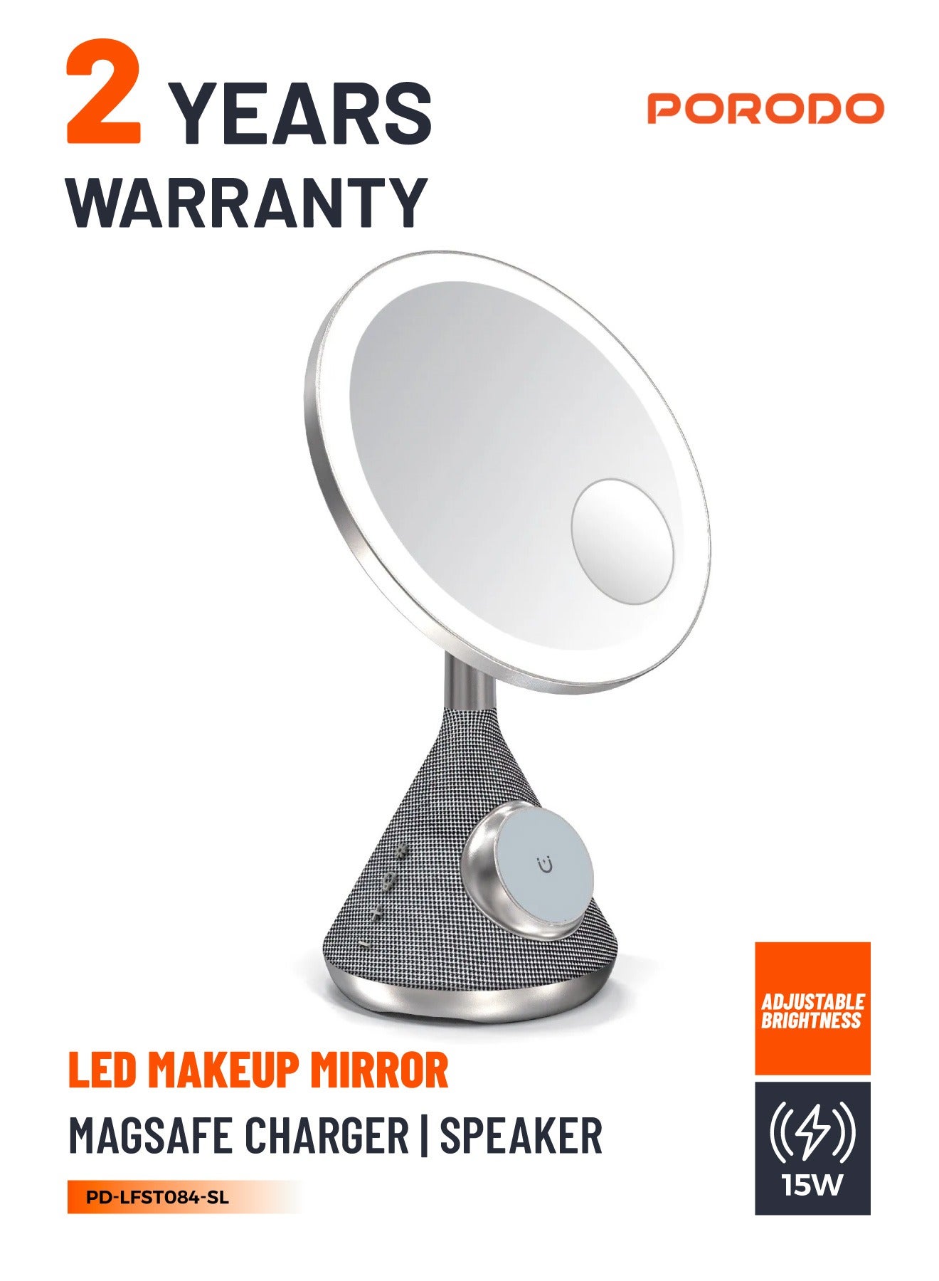 LED Makeup Mirror with Magsafe and Speaker / 30M Bluetooth Distance / 3 Color Temperatures / Magsafe Charger / Adjustable LED Light - Silver