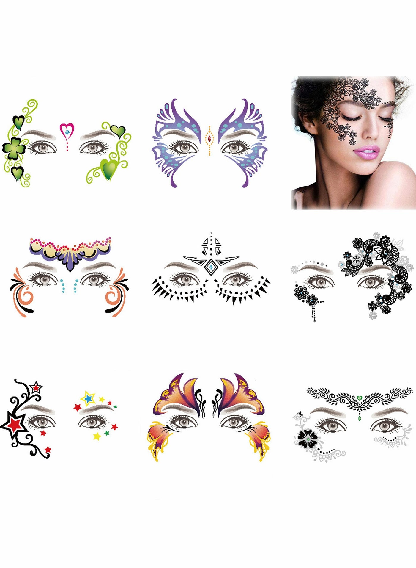 8 Pack Face Temporary Tattoo Waterproof Makeup Stickers on Eye Forehead Body for Stage Masquerade Party