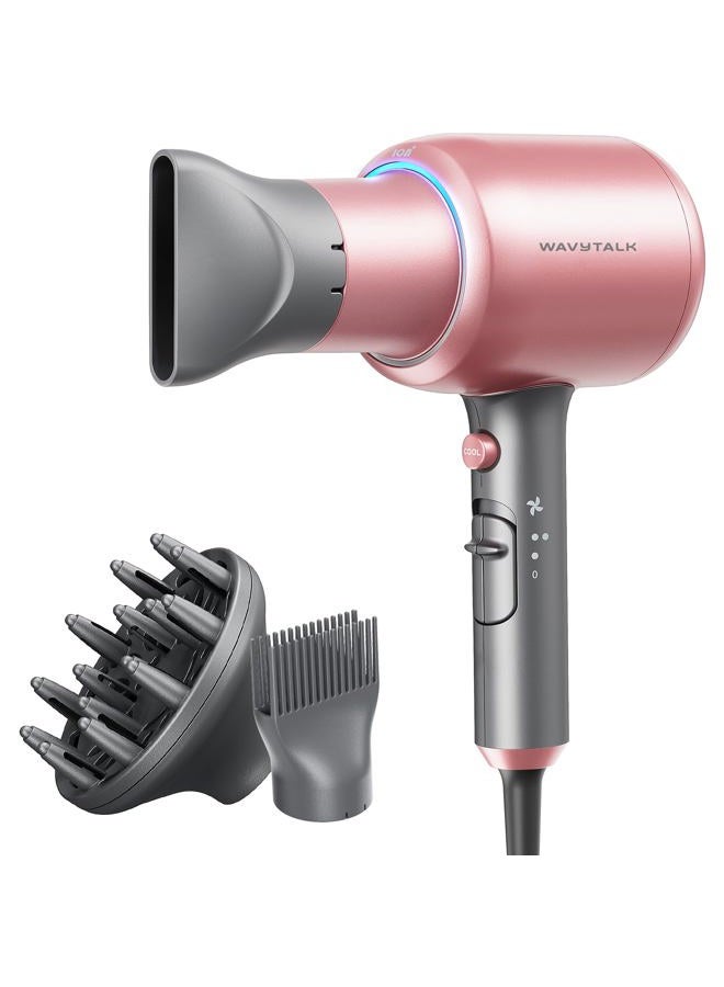 Wavytalk Hair Dryer, Blown Away Ionic Hair Dryer for Curly Hair with Diffuser, 1875W Fast Drying Blow Dryer with Ceramic Technology, 3 Attachments for All Hair Types, Light and Quiet, Rose Gold