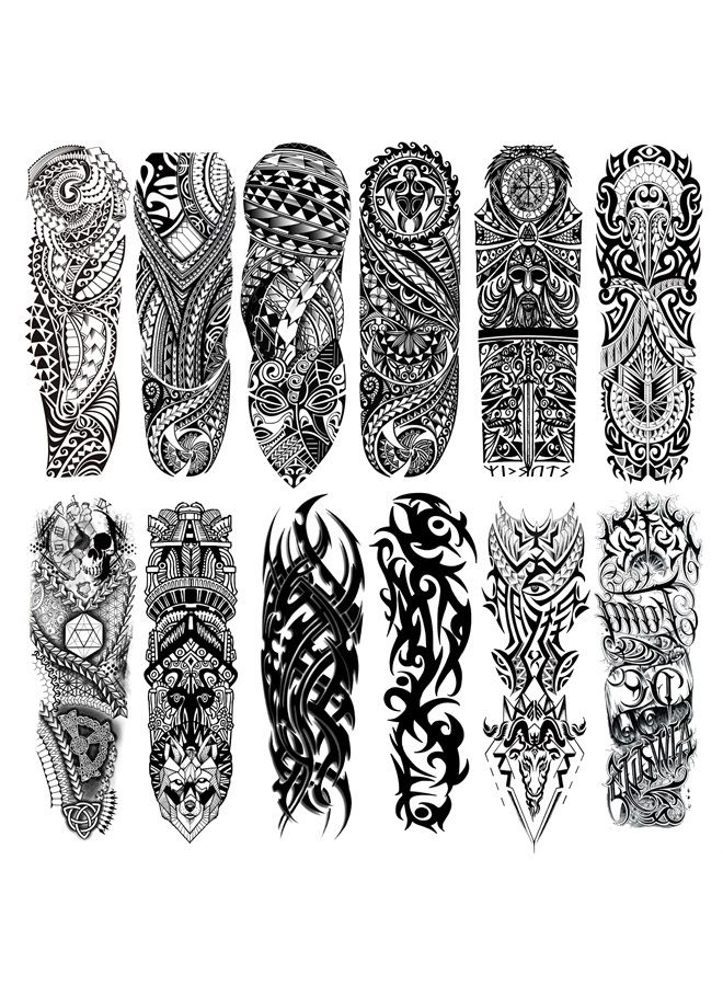 Fake Totem Sleeve Tattoos Stickers, Full Arm Tribal Totem Temporary Tattoos Sleeves for Adult Kids Women Makeup, 12-Sheet
