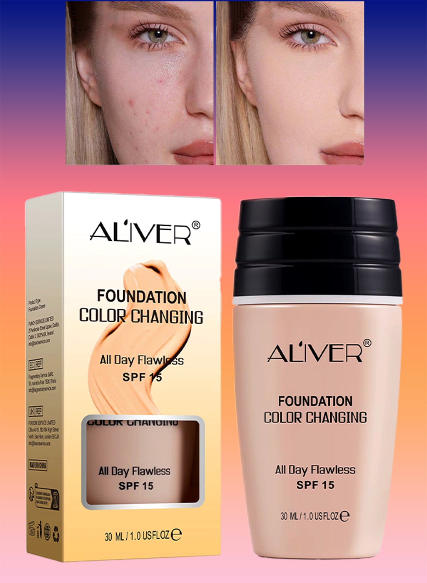 Foundation Color Changing Concealer Cover Cream Nude Face Moisturizing for Women SPF15 Flawless Colour Changing Foundation Makeup Base Moisturizing Liquid Foundation Cream 30ml