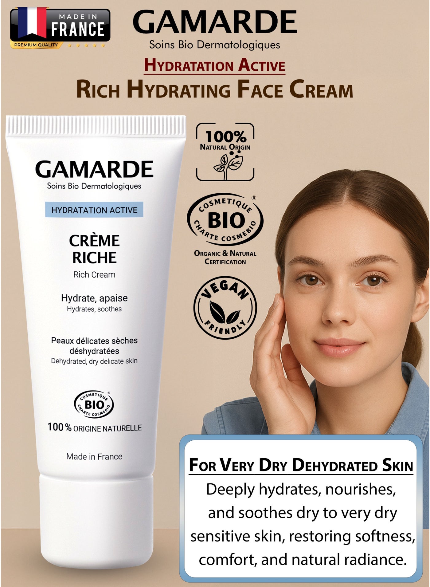 Gamarde Rich Hydrating Face Cream with Hyaluronic Acid, Argan Oil & Organic Aloe Vera Vegan Daily Moisturizer for Dry to Very Dry Sensitive Skin Certified Organic, Natural, Non-Greasy 40ml Made in France