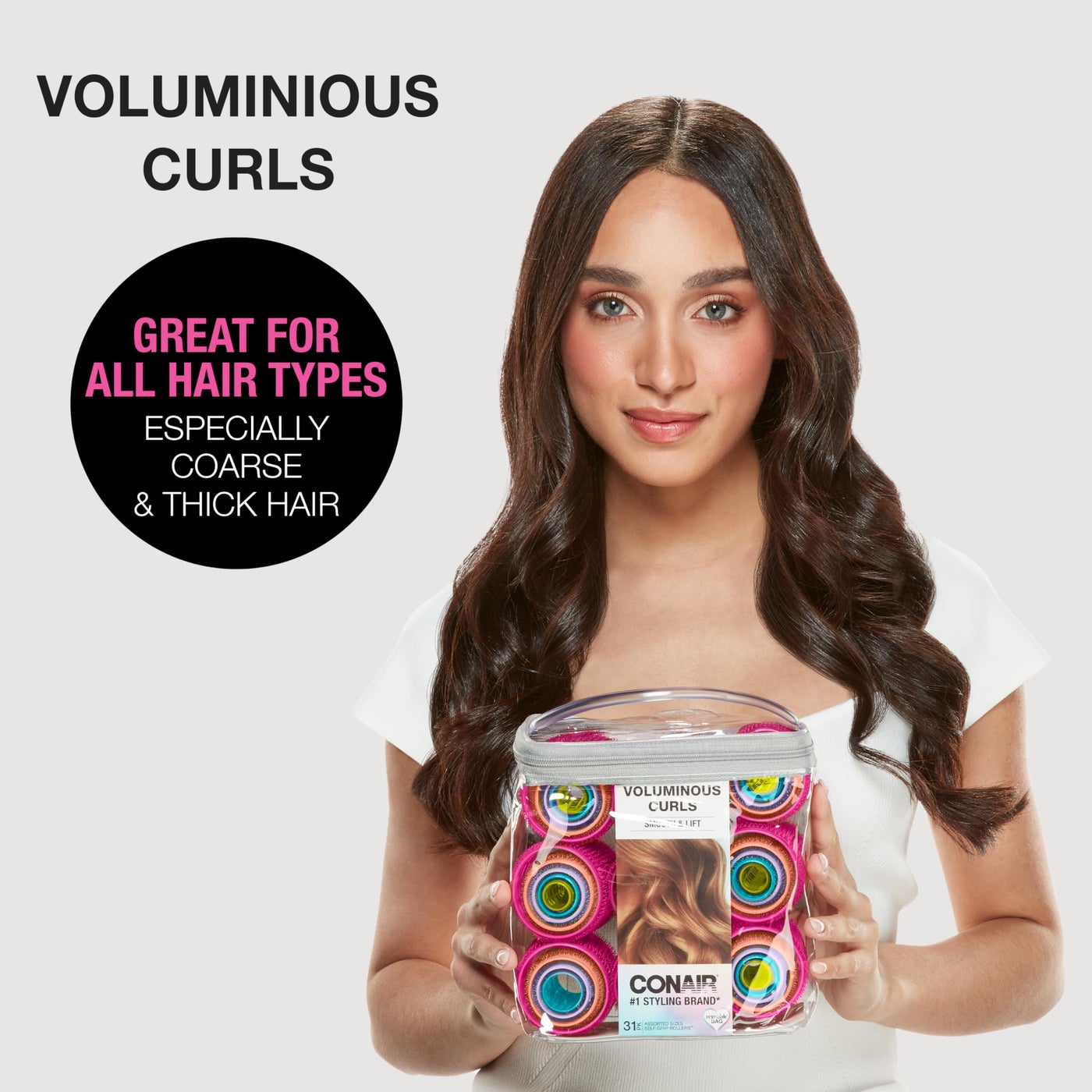 Conair Heatless Hair Curlers, Self-Grip Hair Rollers for Women Provide Lift & Volume, Assorted Sizes & Colors, 31 Count with Reusable Zippered Bag