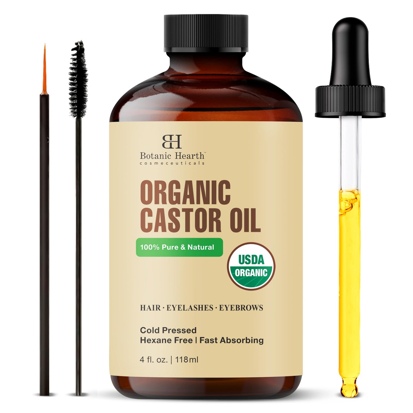 Botanic Hearth Castor Oil | 100% Pure & Natural, Cold Pressed, Organic | 4 fl oz| for Hair, Eyelashes & Eyebrows | Hexane Free, Fast Absorbing | with Dropper & Applicators