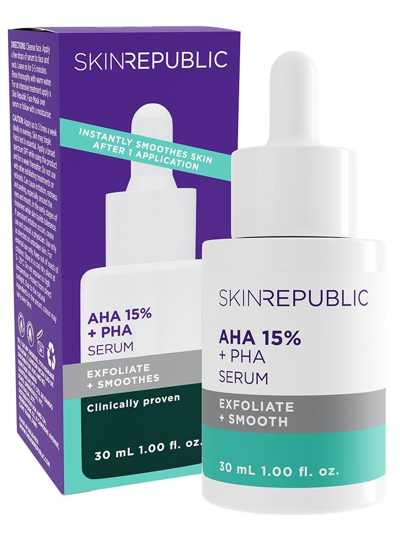 AHA 15% + PHA Face Serum, 30ml – Exfoliates, Smooths & Brightens Skin in 2 Weeks, Minimizes Pores & Roughness, Improves Texture & Radiance with Lactic, Glycolic & Mandelic Acids