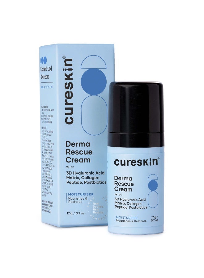 Derma Rescue Cream Hydrating Face Moisturiser for Dry, Dehydrated & Sensitive Skin | 3D Hyaluronic Acid Matrix + Collagen Peptide + Postbiotics | Barrier Repair, Long-Lasting Hydration | 17g
