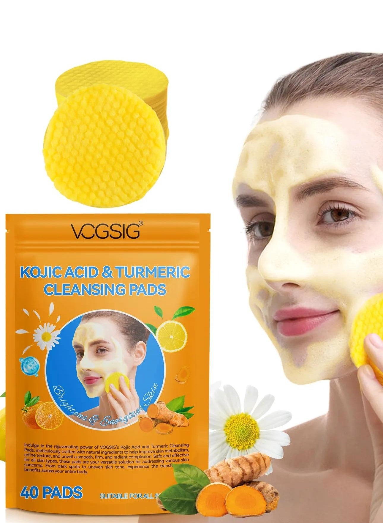 40Pcs Kojic Acid and Turmeric Cleansing Pads for Dark Spots Helps Balance Skin Oil and Water Fade Spot Remove Excess Keratin Clean Oil Refines Pores Turmeric Kojic Acid Cleansing Pads