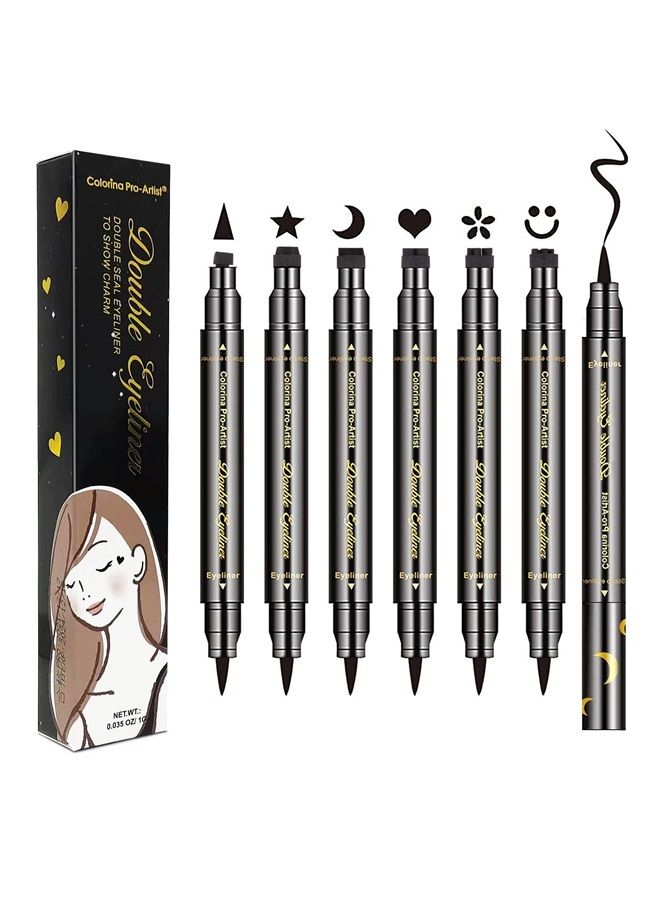 6 Pcs Double-headed Liquid Eyeliner Stamp Pen Set, Eye Liners for Women Waterproof Eyeliner Pencil Black Eye-liner Stencils Long-Lasting Tattoo Makeup-Triangle, Star, Moon, Heart, Flower, Smile