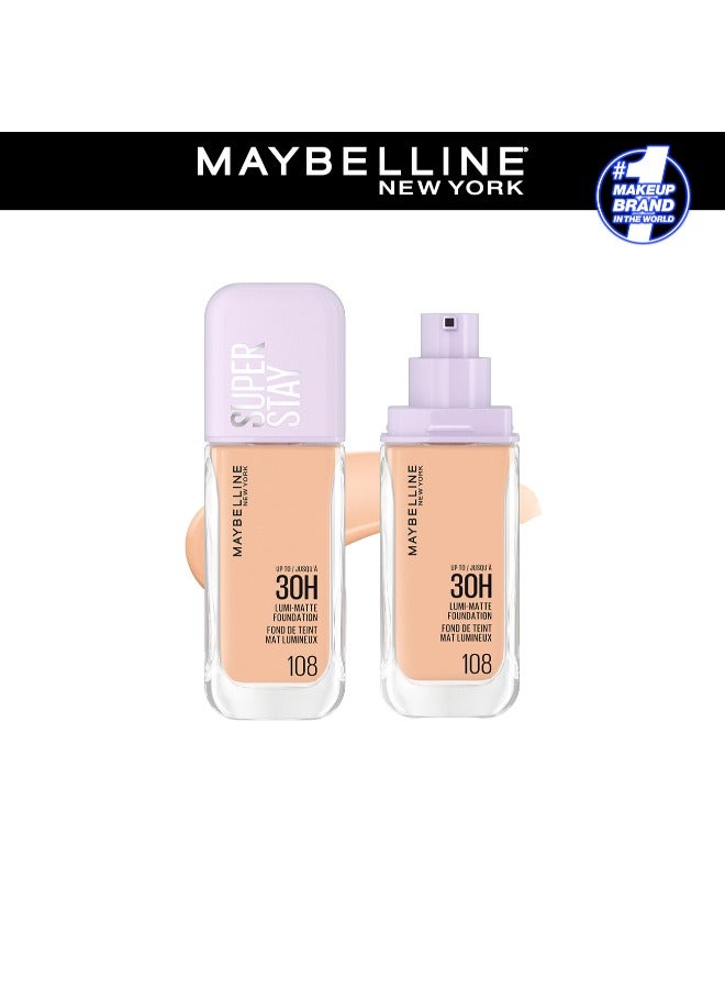 MAYBELLINE SUPER STAY LUMI-MATTE FOUNDATION 30H LONGWEAR, LIGHTWEIGHT, WATERPROOF, SWEATPROOF, HEATPROOF, STAY TRUE TO TONE ALL DAY, 108