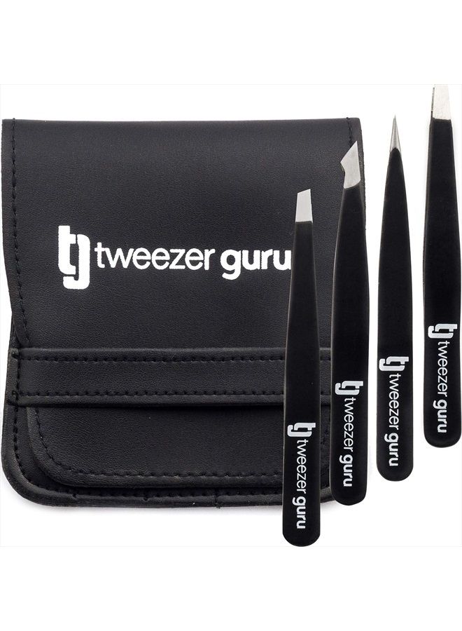 Tweezer Guru Eyebrow Tweezer Set (4-Piece) for Women & Men - Professional Slant and Pointed Tweezers Set with Case - Precision Tweezers Kit for Facial Hair, Splinter and Ingrown Hair Removal