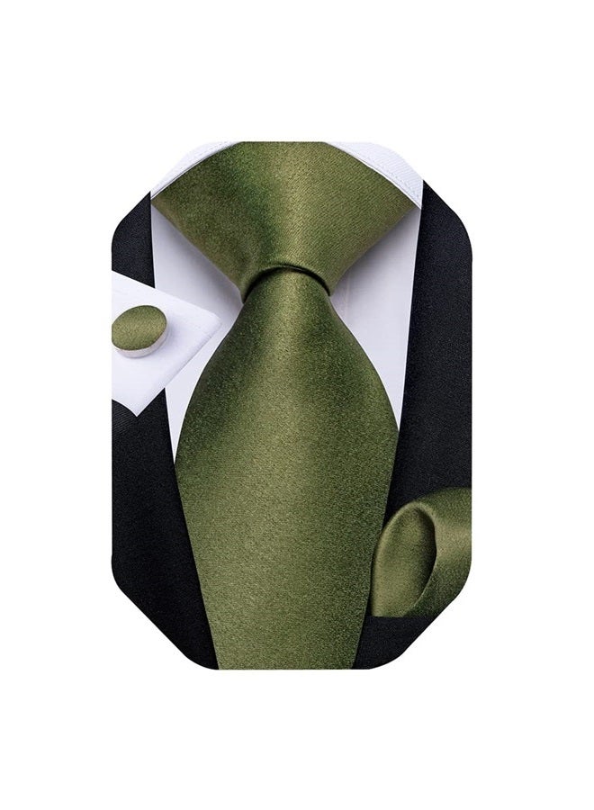 Olive Green Ties for Men Solid Silk Green Necktie With Cufflinks and Pocket Square Sets Party Wedding Business