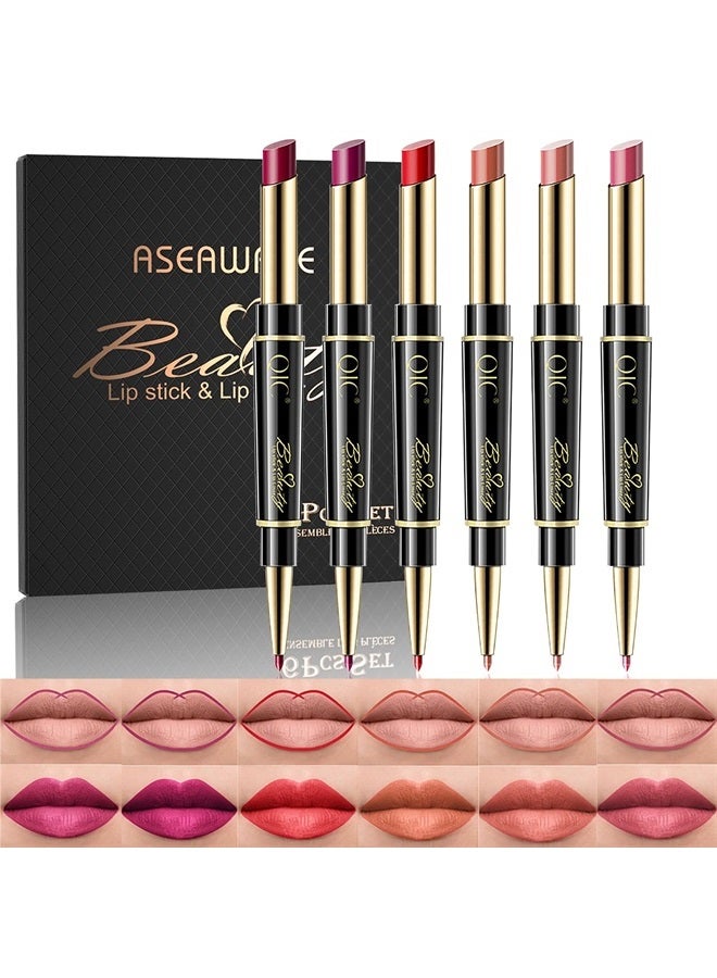 6Pcs Lip Liner and Lipstick Makeup Set, Purple Red/Claret/Vermilion/Pastel Orange/Rose/Ruby Red Lipstick Pen and with Lip Liner Pencil Set Lip Gift Set for Daily/Travel/Party/Work