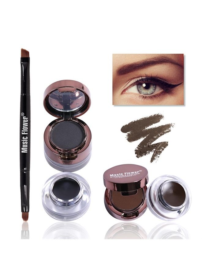 Gel Eyeliner Eyebrow Powder, Black and Brown Waterproof Smudgeproof Long Lasting Makeup Eyeliner Gel with Brush Mirror, 0.49 Ounce, Pack of 2