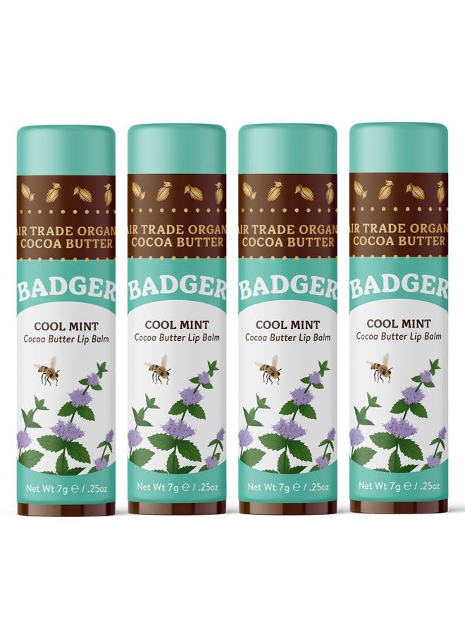 Cool Mint Cocoa Butter Lip Balm, Long Lasting Hydrating Lip Care, 100% Organic Lip Balm, Large Size Stick, 4-pack