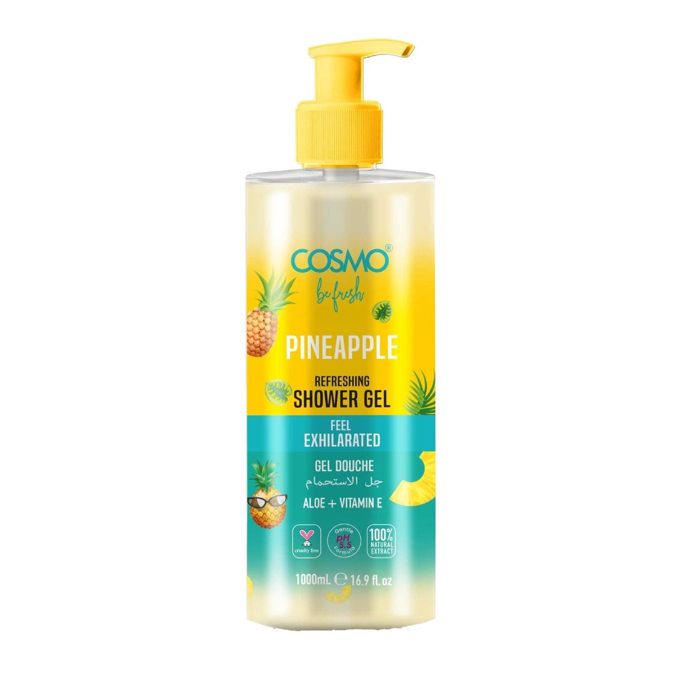 Cosmo Be Fresh Pineapple Shower Gel with Aloe & Vitamin E 1000ml, Tropical Hydrating Body Wash, Feel Exhilarated, Soft & Radiant Skin, Refreshing Fruity Cleanser, Citrus Scent, For Men & Women